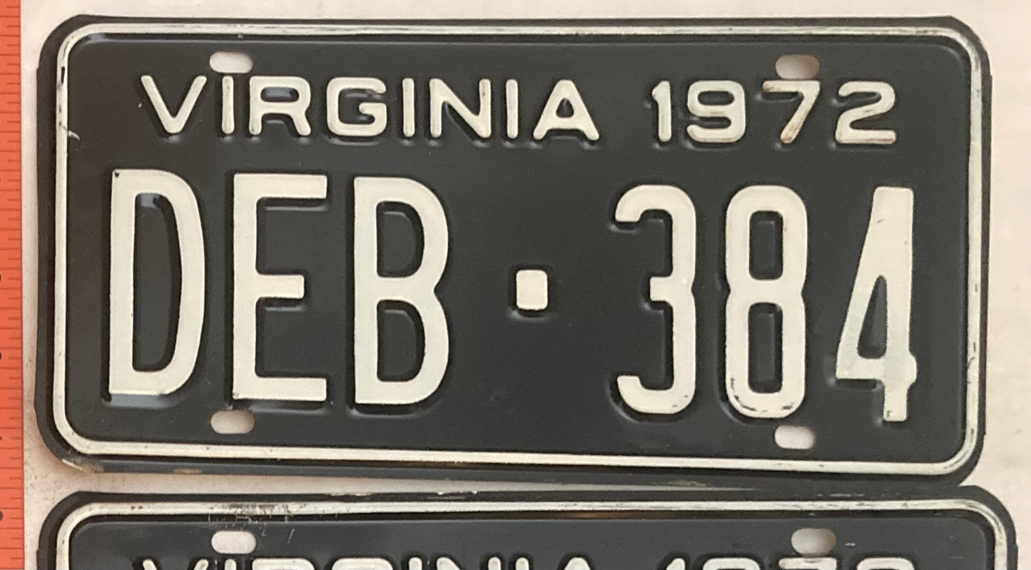 1972 Virginia #DEB-384 Passenger License Plate (Pair)