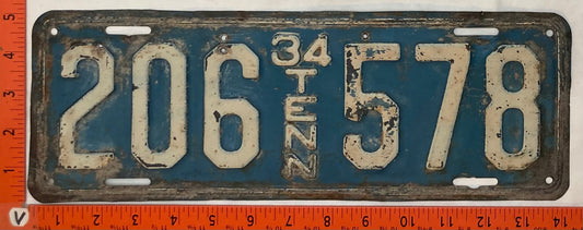 1934 Tennessee #206 578 Passenger License Plate