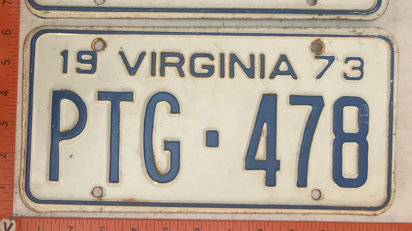 1973 Virginia #PTG-478 Passenger License Plate (Pair)