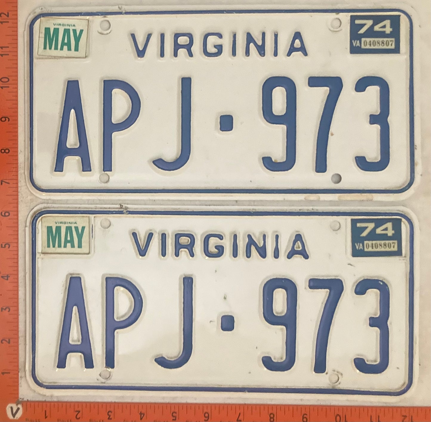 1974 Virginia #APJ-973 Passenger License Plate (Pair)