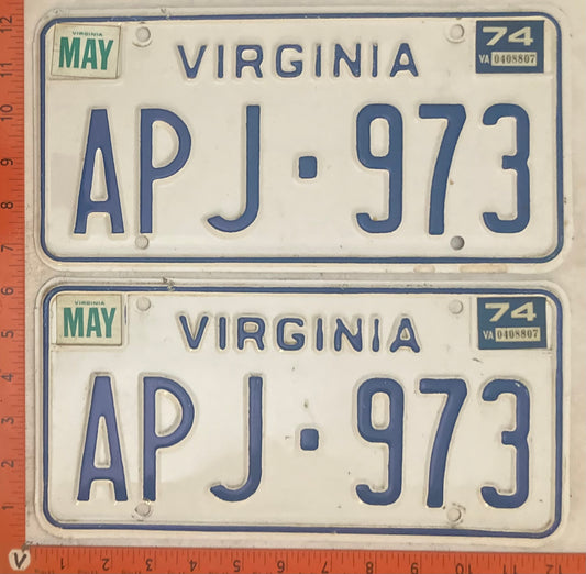 1974 Virginia #APJ-973 Passenger License Plate (Pair)