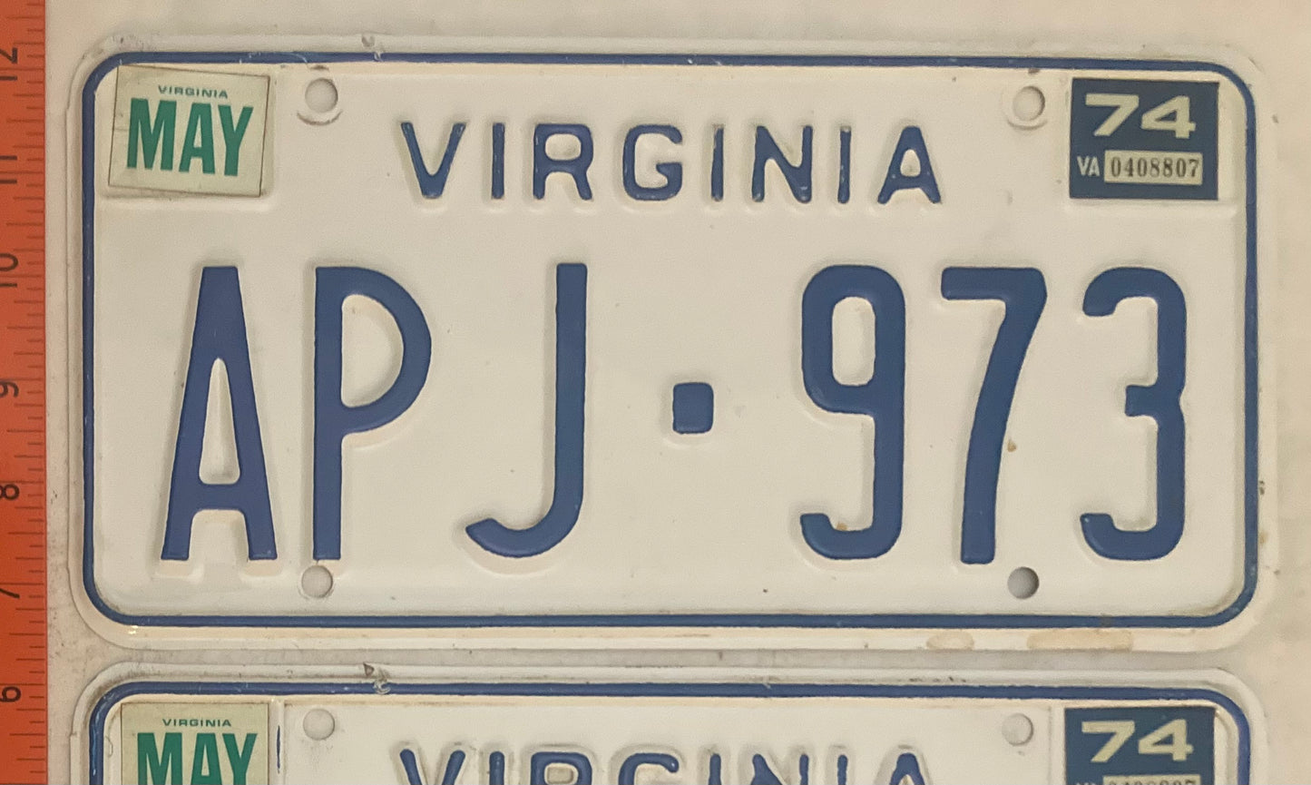 1974 Virginia #APJ-973 Passenger License Plate (Pair)