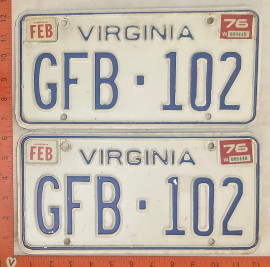 1976 Virginia #GFB-102 Passenger License Plate (Pair)