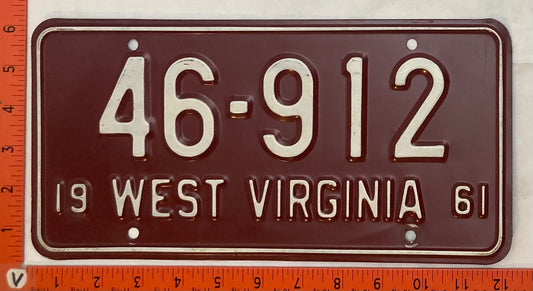 1961 West Virginia #46-912 Passenger License Plate