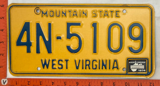 1974 West Virginia #4N-5109 Passenger License Plate
