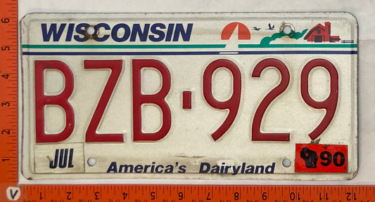1990 Wisconsin #BZB-929 Passenger License Plate