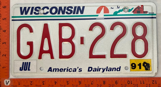 1991 Wisconsin #GAB-228 Passenger License Plate