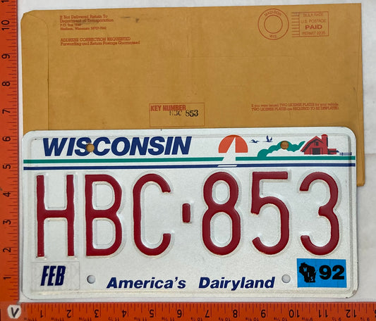 1992 Wisconsin #HBC-853 Passenger License Plate (with Envelope)