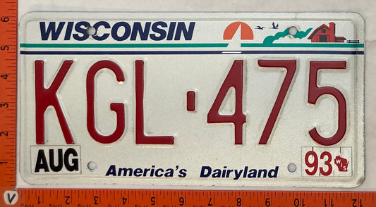 1993 Wisconsin #KGL-475 Passenger License Plate