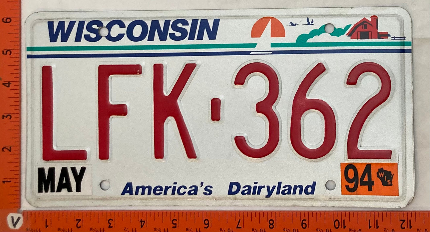 1994 Wisconsin #LFK-362 Passenger License Plate