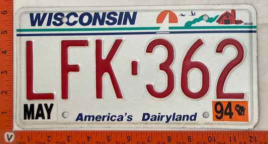 1994 Wisconsin #LFK-362 Passenger License Plate