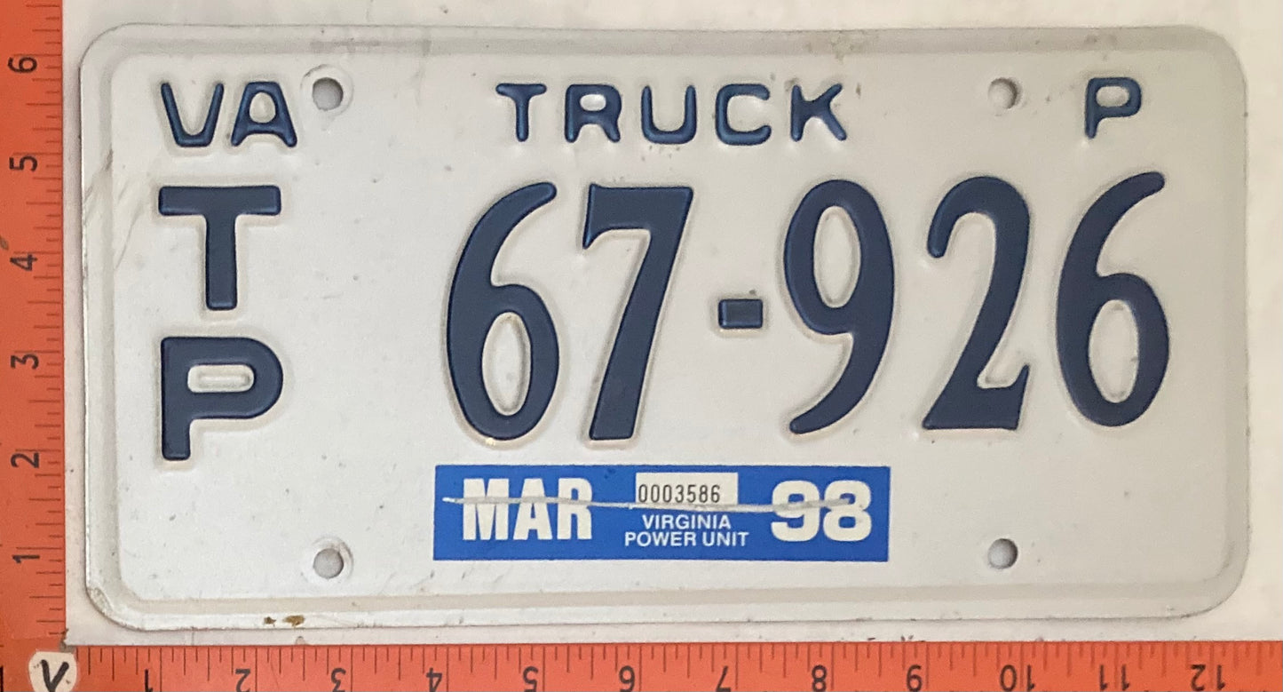 1998 Virginia #T/P 67-926 Truck License Plate