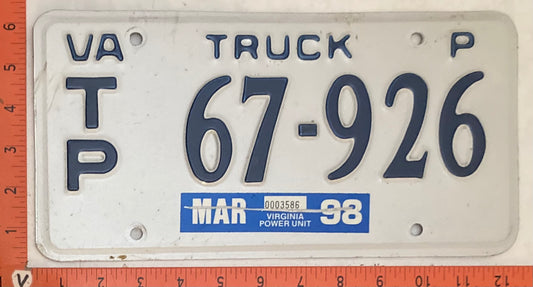 1998 Virginia #T/P 67-926 Truck License Plate