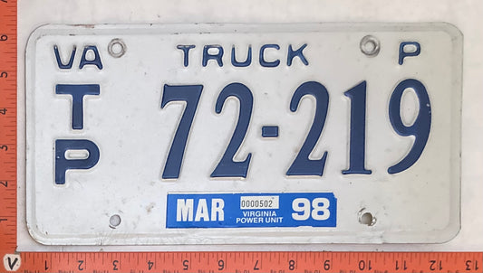 1998 Virginia #T/P 72-219 Truck License Plate