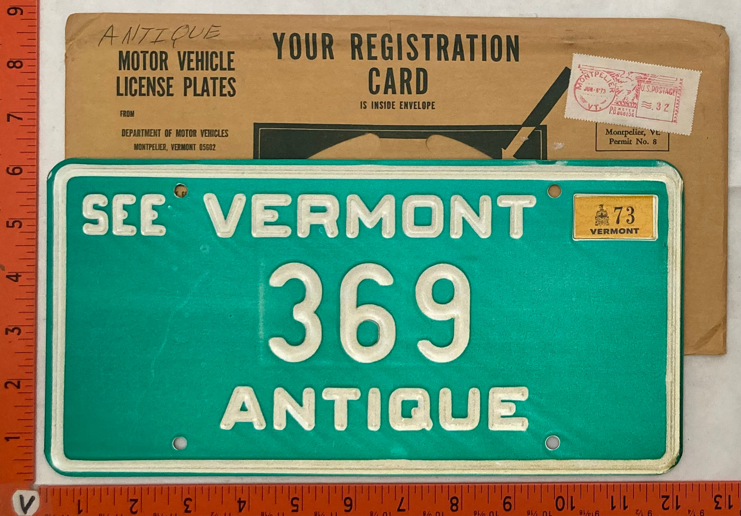 1973 Vermont #369 Passenger License Plate (Antique Auto)