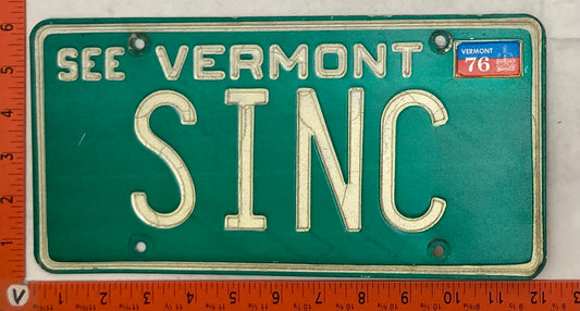 1976 Vermont #SINC Passenger License Plate (Vanity)