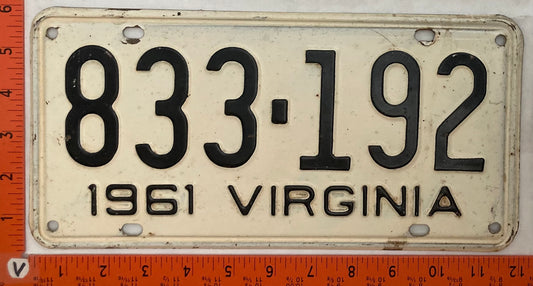1961 Virginia #833-192 Passenger License Plate