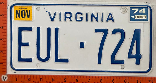 1974 Virginia #EUL-724 Passenger License Plate