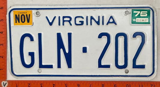 1975 Virginia #GLN-202 Passenger License Plate