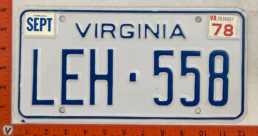 1978 Virginia #LEH-558 Passenger License Plate