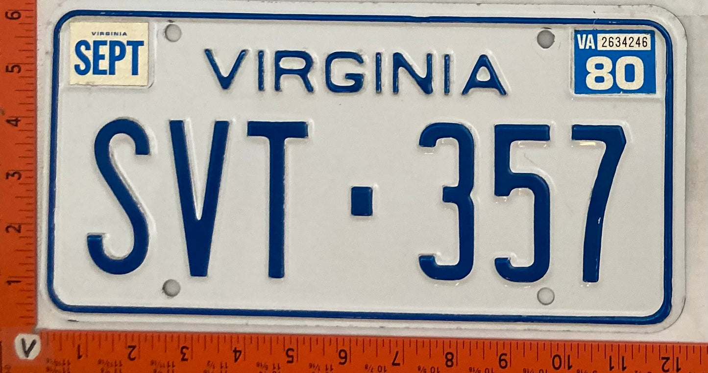 1980 Virginia #SVT-357 Passenger License Plate