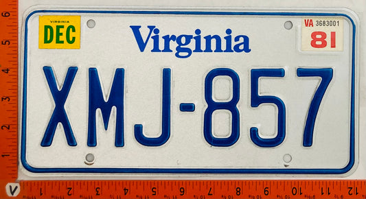 1981 Virginia #XMJ-857 Passenger License Plate