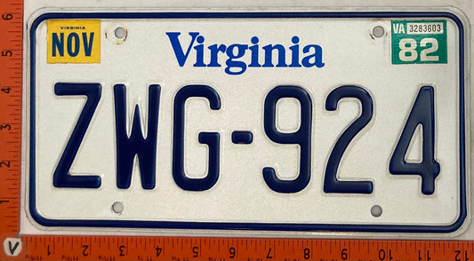 1982 Virginia #ZWG-924 Passenger License Plate