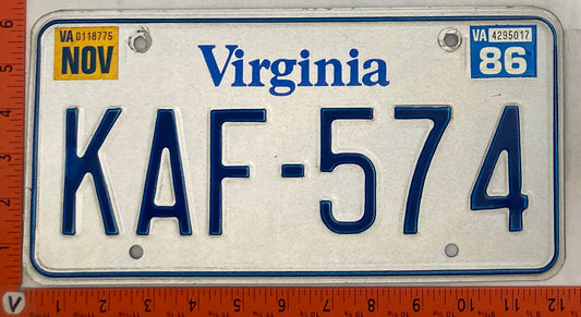 1986 Virginia #KAF-574 Passenger License Plate