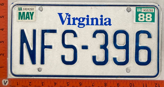 1988 Virginia #NFS-396 Passenger License Plate