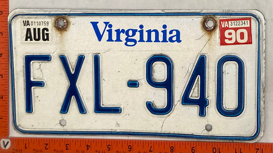 1990 Virginia #FXL-940 Passenger License Plate