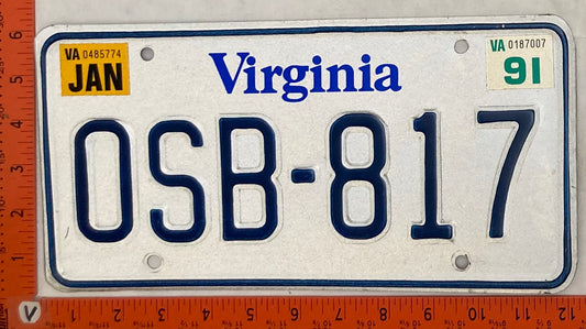 1991 Virginia #OSB-817 Passenger License Plate