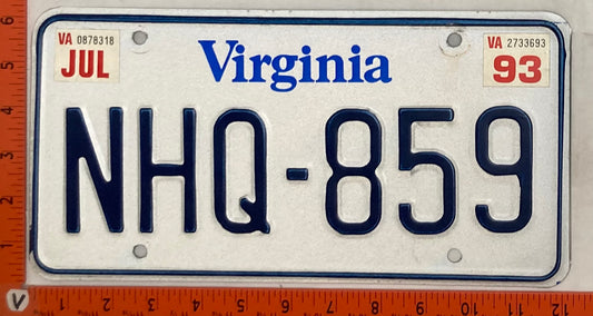 1993 Virginia #NHQ-859 Passenger License Plate