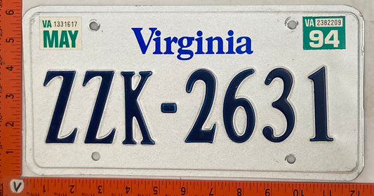 1994 Virginia #ZZK-2631 Passenger License Plate