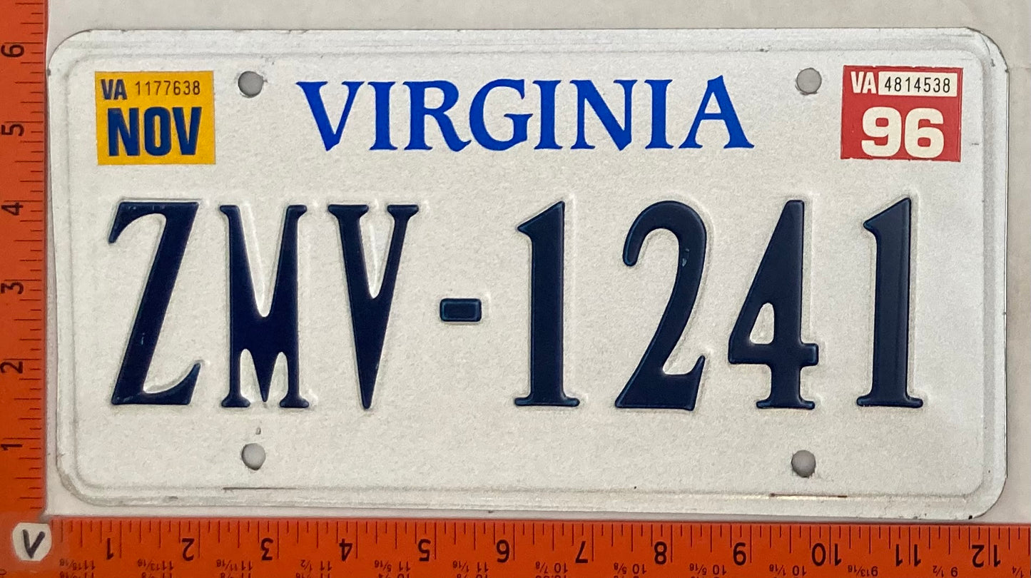 1996 Virginia #ZWV-1241 Passenger License Plate