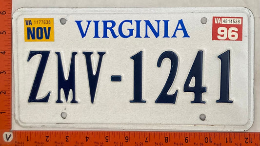 1996 Virginia #ZWV-1241 Passenger License Plate
