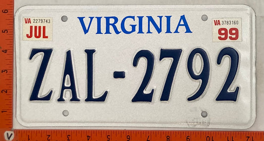 1999 Virginia #ZAL-2792 Passenger License Plate