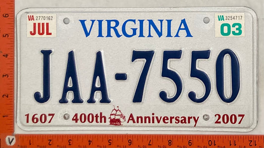 2003 Virginia #JAA-7550 Passenger License Plate (400th Anniversary)