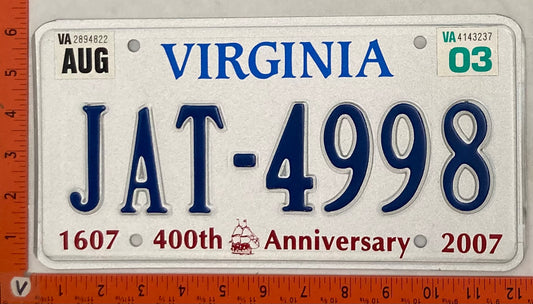 2003 Virginia #JAT-4998 Passenger License Plate (400th Anniversary)