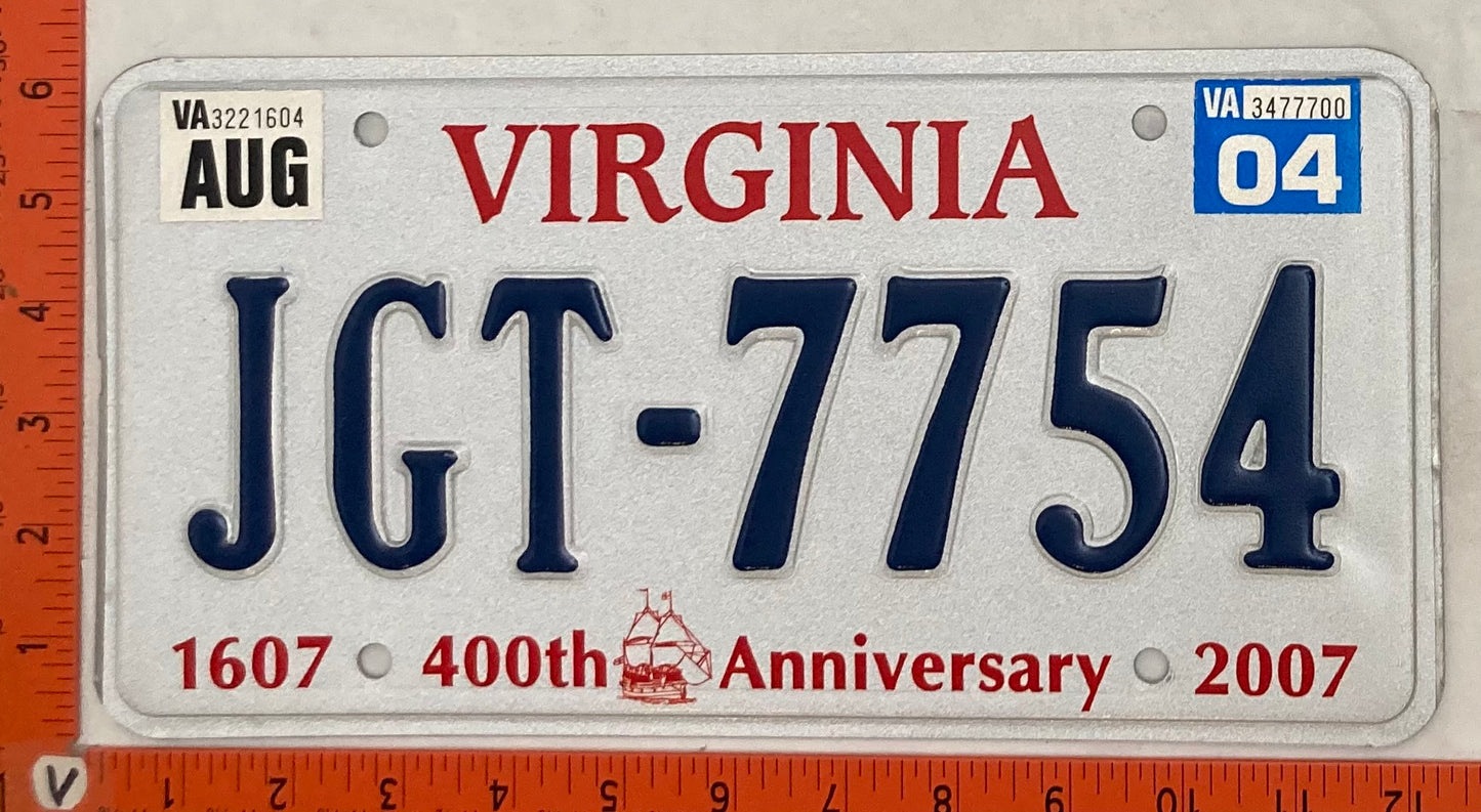 2004 Virginia #JGT-7754 Passenger License Plate (400th Anniversary)