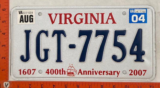 2004 Virginia #JGT-7754 Passenger License Plate (400th Anniversary)