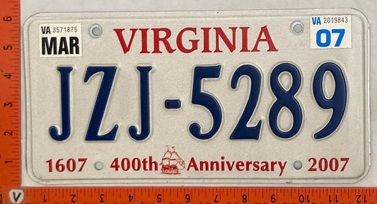 2007 Virginia #JZJ-5289 Passenger License Plate (400th Anniversary)