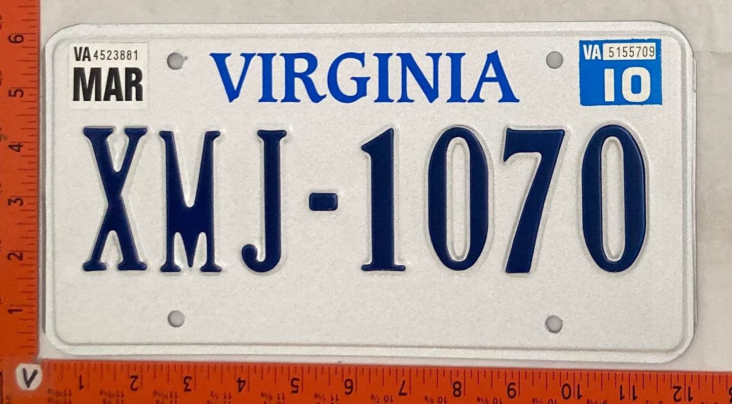 2010 Virginia #XMJ-1070 Passenger License Plate