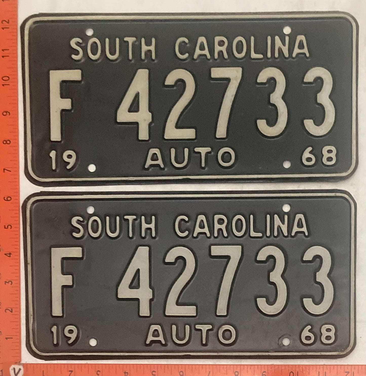 1968 South Carolina #F 42733 Passenger License Plate (Pair)