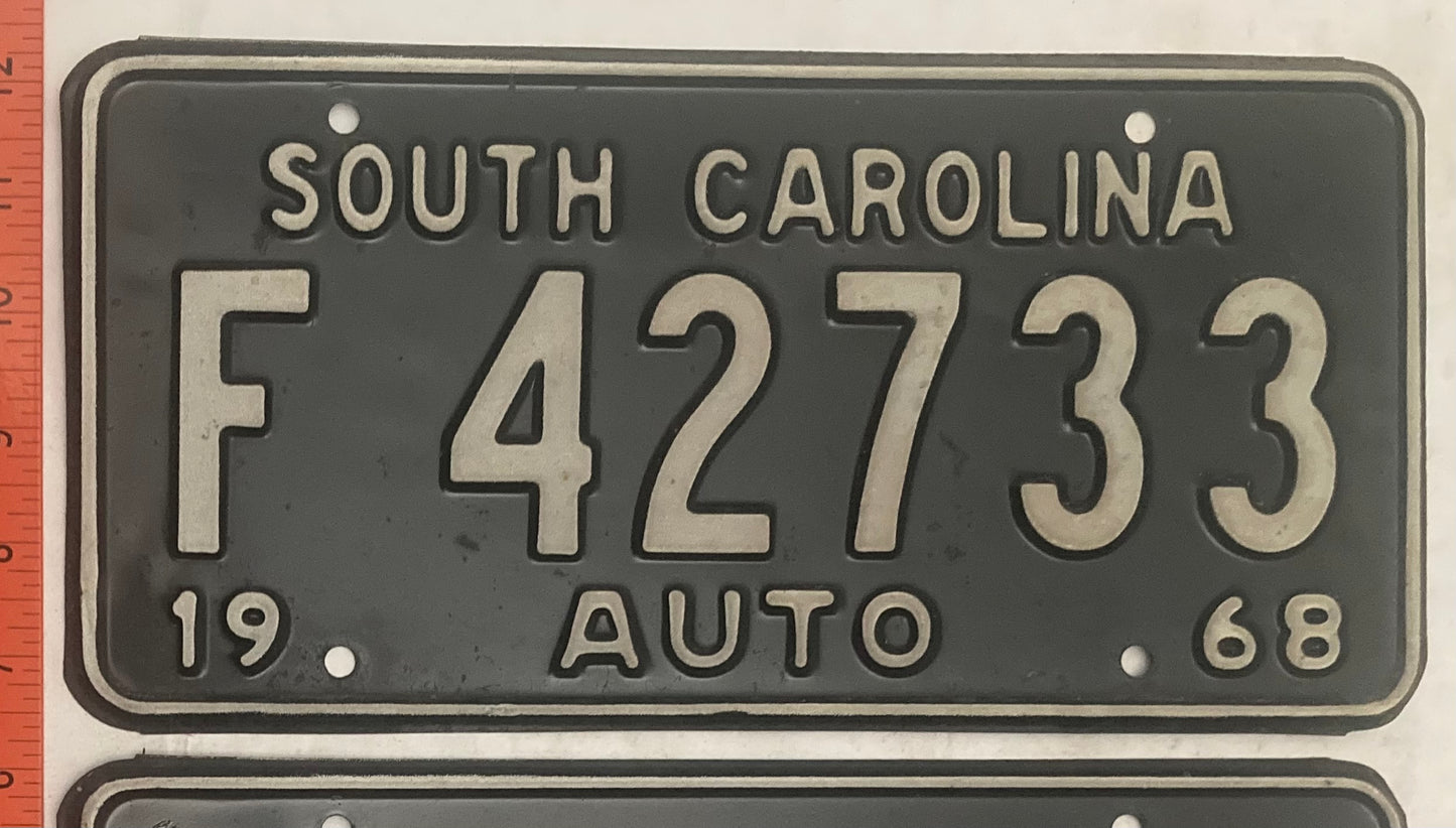1968 South Carolina #F 42733 Passenger License Plate (Pair)