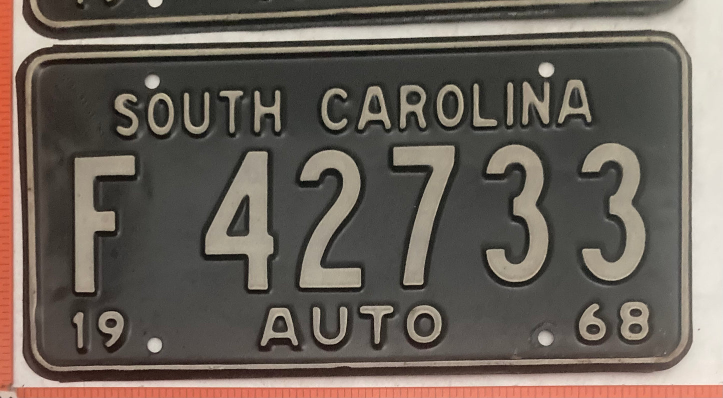 1968 South Carolina #F 42733 Passenger License Plate (Pair)