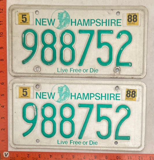 1988 New Hampshire #988752 Passenger License Plate (Pair)