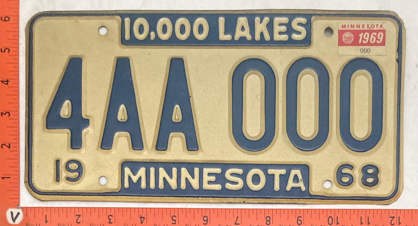 1968 Minnesota #4AA 000 Passenger License Plate (Sample)