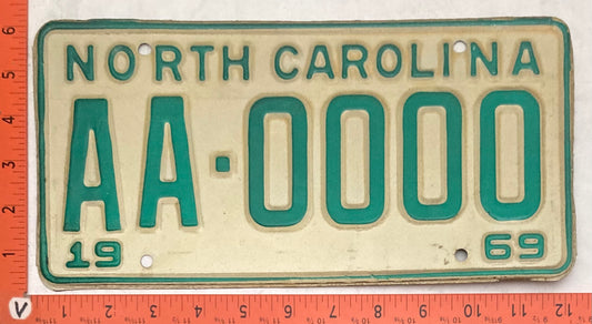 1969 North Carolina #AA-0000 Passenger License Plate (Sample)