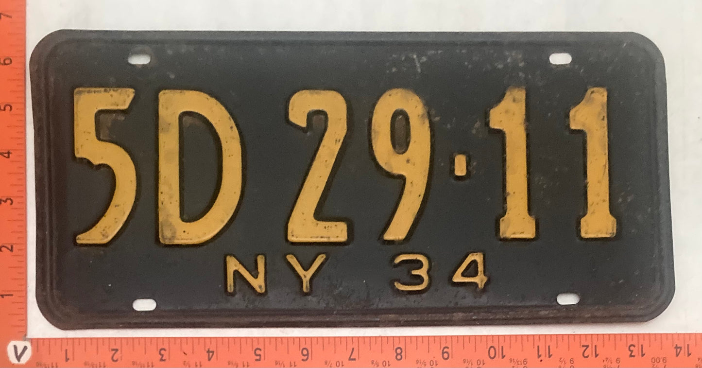 1934 New York #5D 29-11 Passenger License Plate