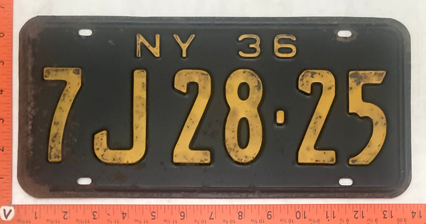 1936 New York #7J 28-25 Passenger License Plate